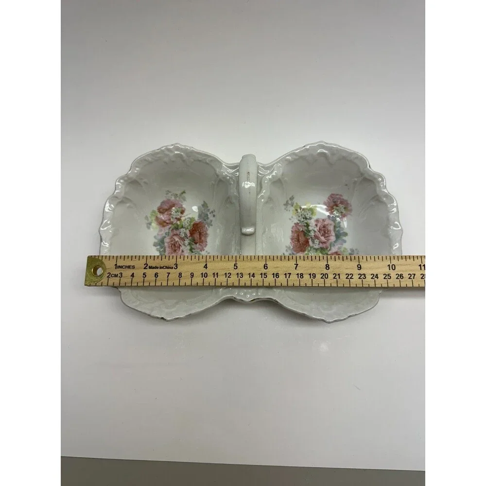Vintage Porcelain Double Relish Dish Pink Roses Center Handle Scalloped Floral